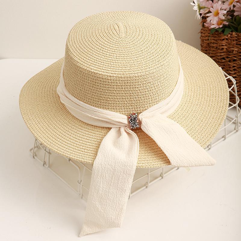 Wide Brim Flat Top Straw Hat Women's Summer Travel Fashion Bow Sunshade Sunscreen Hat Top Hat Casual Beach Sun Hat
