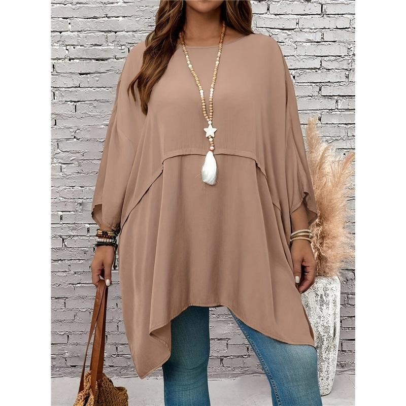 New Plus Size Women's Seven Quarter Sleeve Round Neck Top Made Of Polyester High Elasticity Loose Irregular T-shirt