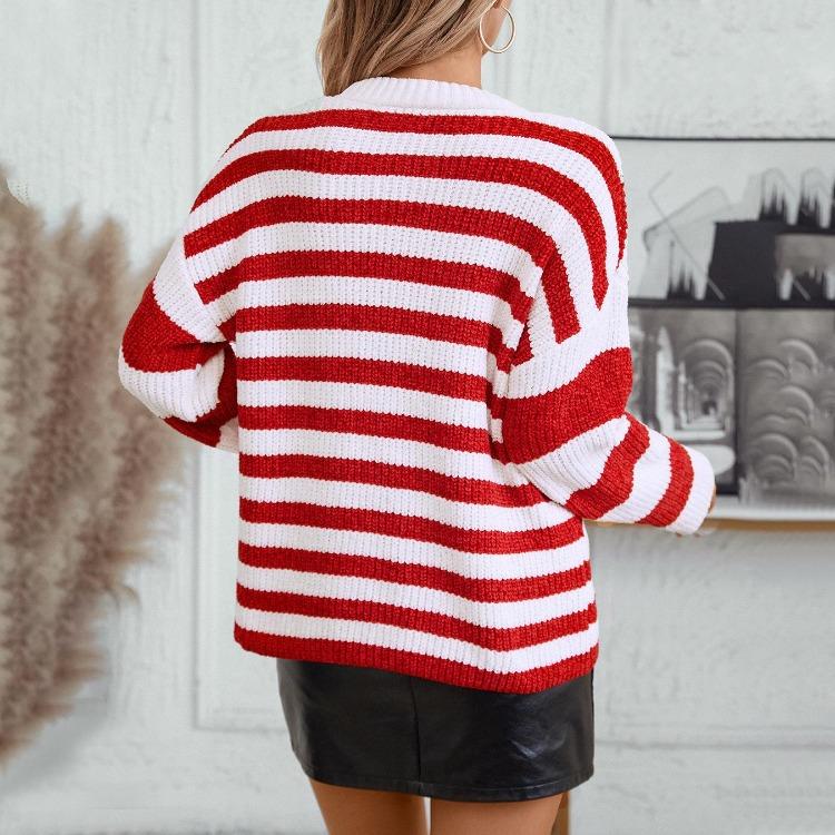 Vintage Randig Stickad Kofta Tröja Rund Hals Lös Långärmad för Höst Vinter