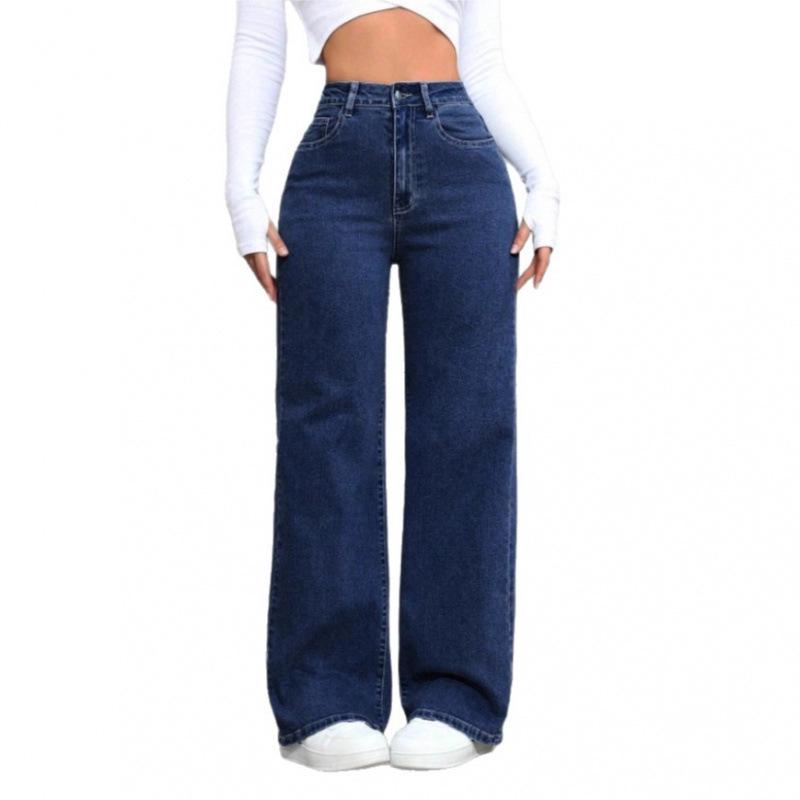 European and American High-Waisted Women's Washed Plus Size Wide-Leg Jeans