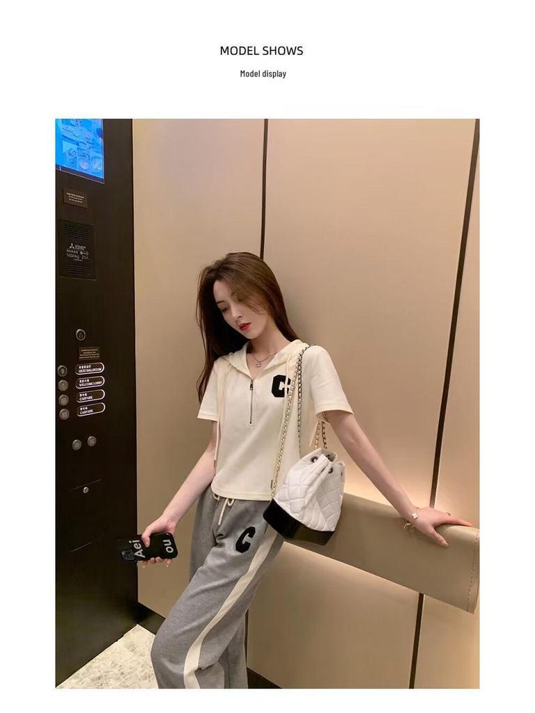 2025 Korean Style Women's Hooded T-Shirt & Wide-Leg Pants Set