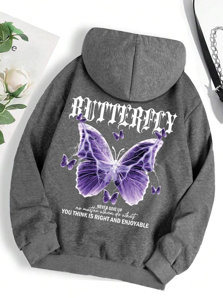 Wunderschöne Lila Schmetterlingsdruck Kapuzenpullover Damen Fleece Tasche Kapuzenpullover Einfacher Lässiger Hoodie Herbst Locker Weiblich Streetwear