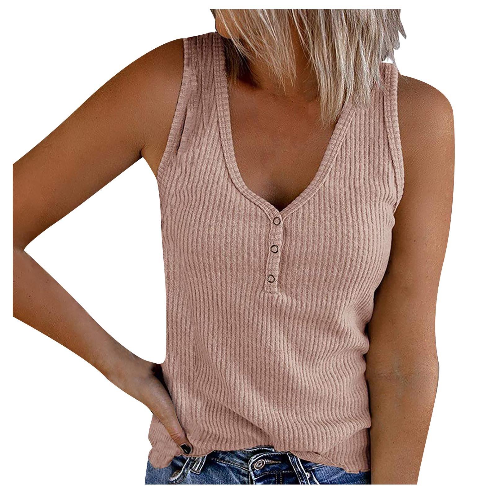 Women Sleeveless Ribbed Tank Top V Neck Button Front Casual Slim Fit Knit Shirt Summer Blouse S розовый