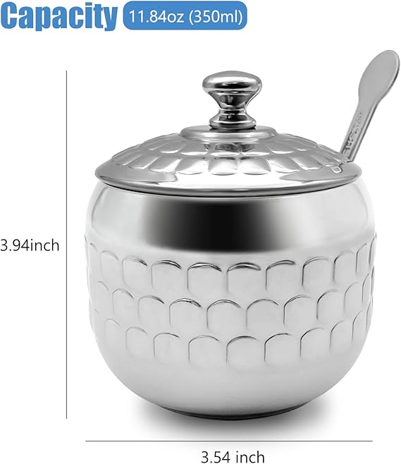 1PC Stainless Steel Sugar Bowl Coffee Seasoning Jar Condiment Pot Spice Container Canister Cruet with Glass Lid and Spoon