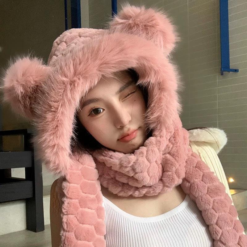 

New Winter Bear Hat Girl Windproof Scarf Gloves Plus Velvet Bike Warm Artifact Integrated with Cold Protection