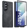 Para Samsung Galaxy Z Fold 7 con Protector de Pantalla HD y Protección de Bisagra, Carga Inalámbrica, Funda de Teléfono Resistente a Golpes de PC Mate de Cuero-Negro