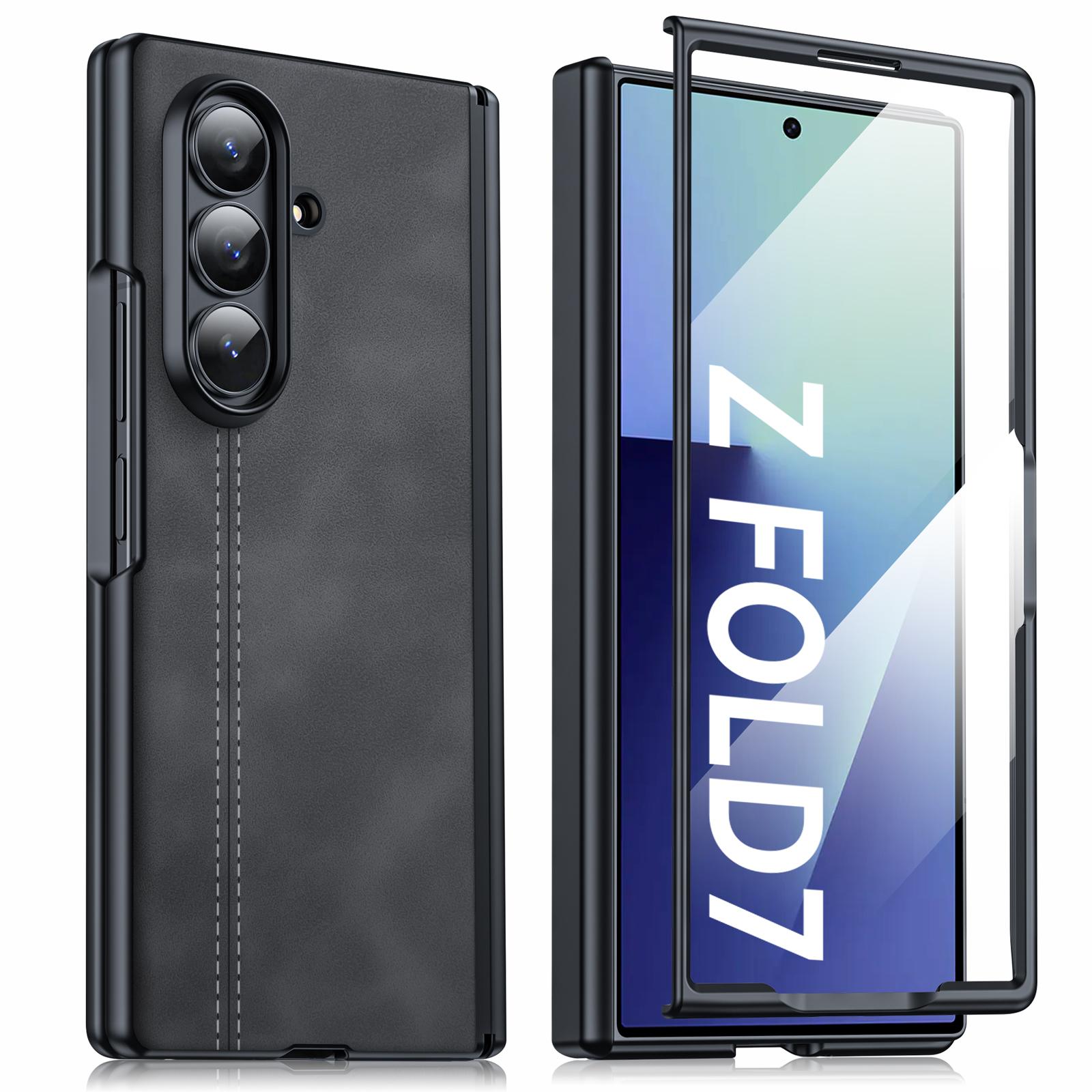 Для Samsung Galaxy Z Fold 7 с HD Защитным стеклом и Защитой шарнира, Беспроводной зарядкой, Кожаный Матовый PC Ударопрочный Чехол для Телефона-Черный чёрный