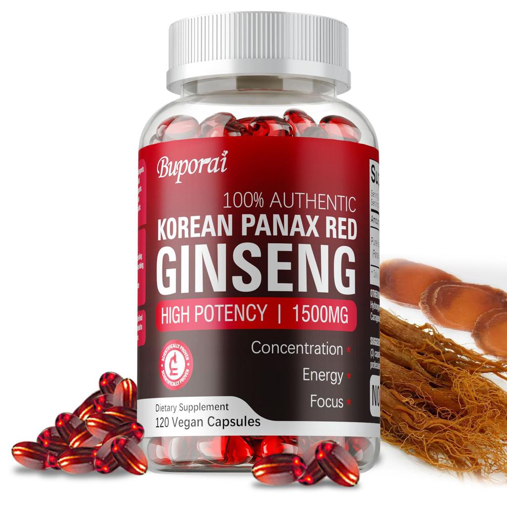 Integratore energetico al Ginseng Rosso Coreano, Migliora la concentrazione, Estratto di Radice di Ginseng ad Alta Concentrazione, 120 Capsule Vegetariane
