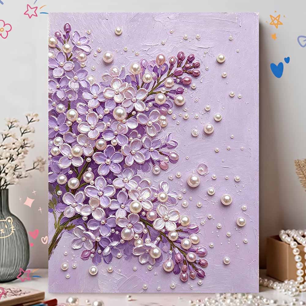 Handmade Framed Pearl Bead Painting Kit Elegant Purple Lilac Flower 3D Shiny Canvas Art Ready to Display Home Decor Modern Gift Idea