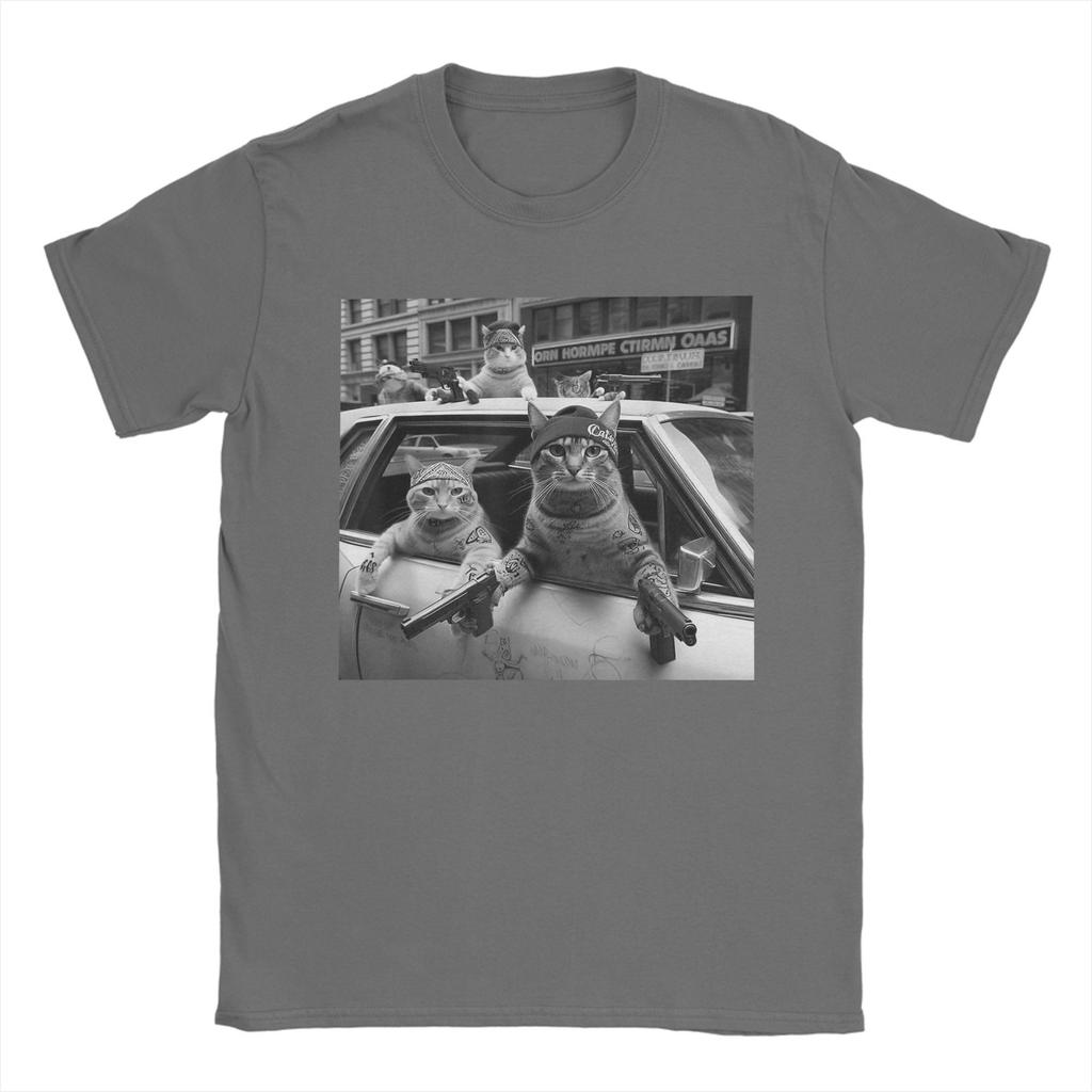 Funny Gangster Cats Street Desig T-Shirts for Men Hipster Pure Cotton Tees Round Collar Short Sleeve T Shirts Plus Size Clothes