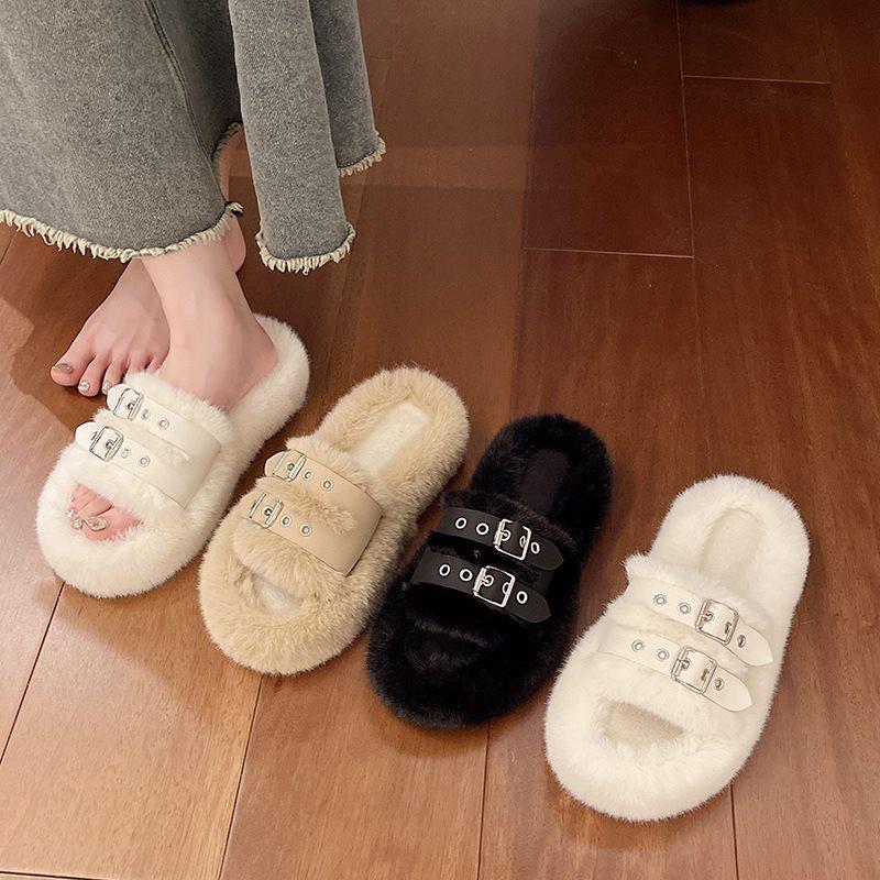 Mao Mao Soft-soled Slippers Wear Women's New Stepping Feeling Versatile Shit Light Luxury Autumn and Winter Fashion Black Thick Bottom Lightweight 202