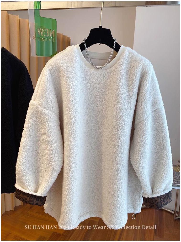 High-End Lazy Style Round Neck Sweatshirt - Imitation Lamb's Wool, Solid Color, Thickened for Autumn/Winter, 2025 Collection.