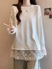 Women's Plus Size Lace Patchwork Long-Sleeve White T-Shirt - Loose Fit Autumn/Winter Base Layer Top