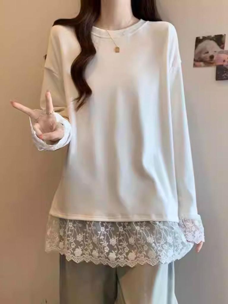 Women's Plus Size Lace Patchwork Long-Sleeve White T-Shirt - Loose Fit Autumn/Winter Base Layer Top