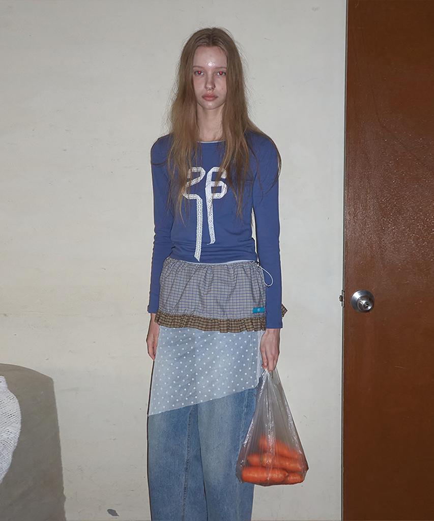 Mejongkeulem Check Frill Layered Skirt_ Dusty Blue