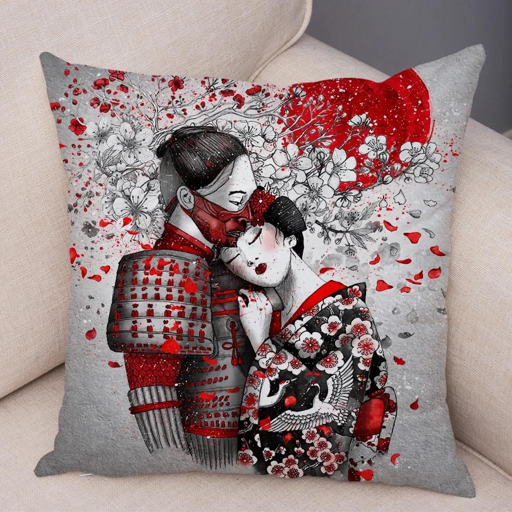 Japan Style Ink Warrior Cushion Cover for Sofa Home Double Print Decor Beautiful Scenery Girl Pillowcase Soft Plush Pillow Case