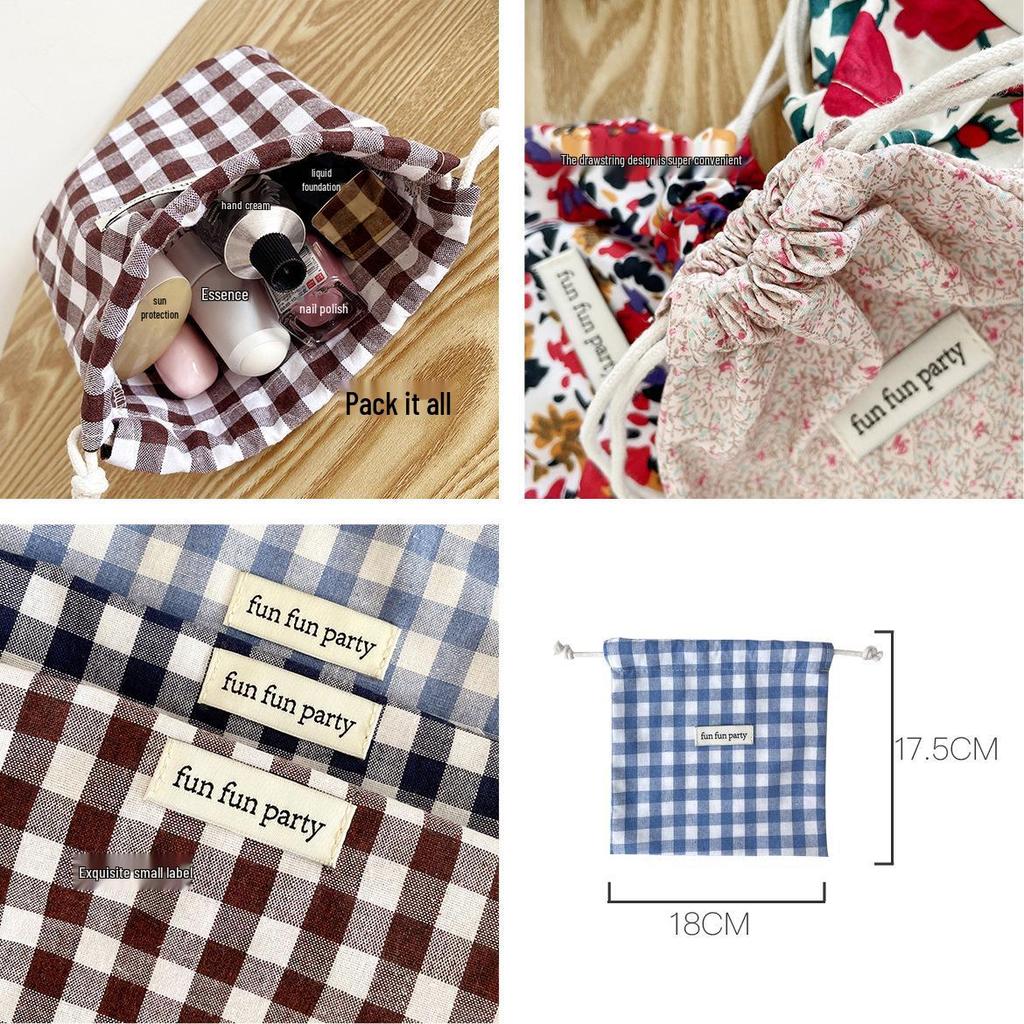 Floral Plaid Drawstring Pouch: Sundries, Keys, Coin, Card & Phone Holder
