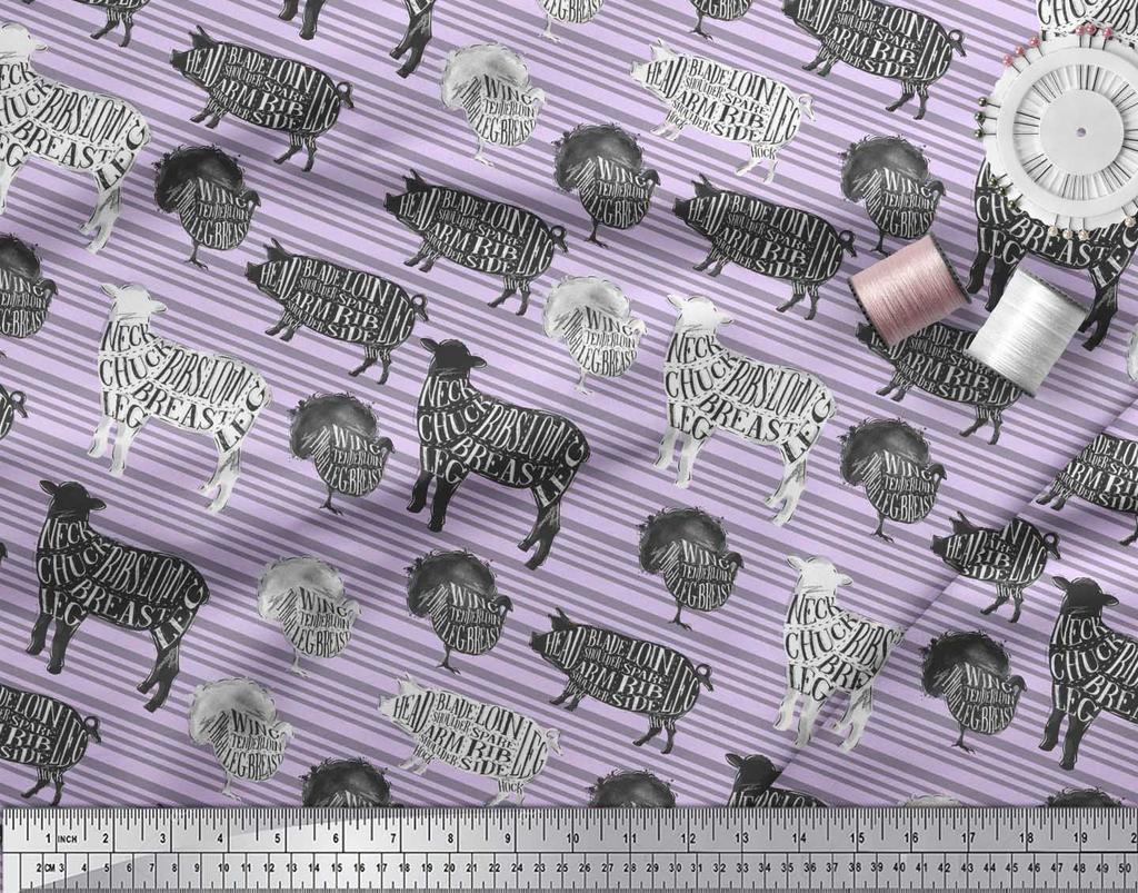 Soimoi Purple Japan Crepe Satin Fabric Stencil Cow & Pig Animal Printed Fabric 1 metre 42 Inch