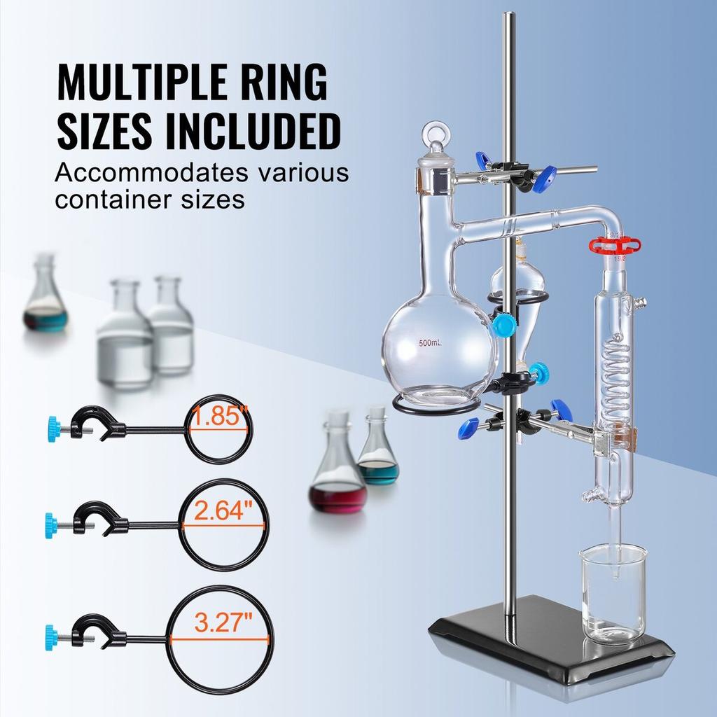 Lab Stand Support, Laboratory Retort Support Stand Set, Steel Lab Stand 23.6" Rod and 8.3" x 5.3" Cast Iron Base, Includes Flask Clamps, a Burette