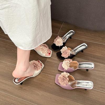Korean Version of Flower High-heeled Slippers for Women 2025 Flowery French Low-heeled Stiletto One Pedal High-heeled Cool Slippers for Women