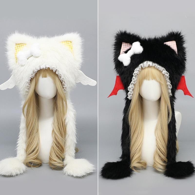 Furry Cartoon Head Cover with Ear for Outdoor Sports Furry Hat Kitten Oversized Headgear Hat for Winter