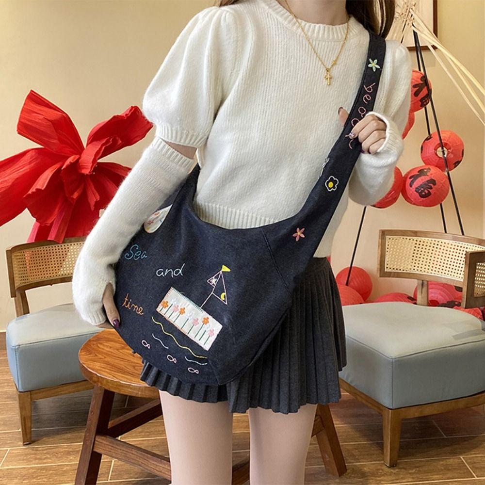 Retro Denim Canvas Bag Cloth Embroidery Tote Bag Vintage Cartoon Pattern Shoulder Bag  Travel