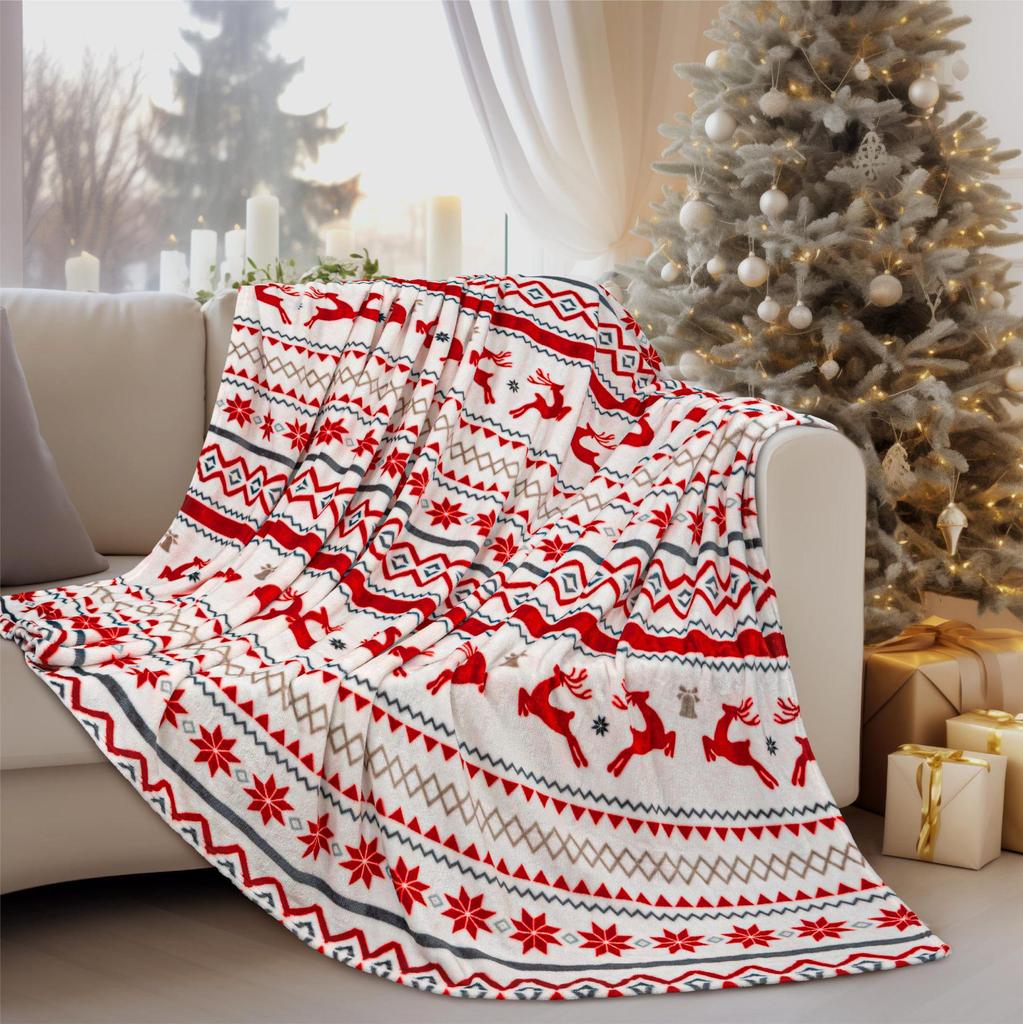 Red Snowflake Christmas Flannel Blanket - Soft and Cozy for Bed, Car, or Sofa, Perfect Holiday Gift.