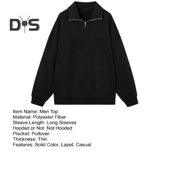 Men's Lapel Sweatshirt Casual Zip Collar Long Sleeve Pullover Loose Fit Solid Color Top for Streetwear Sports Daily Wear
