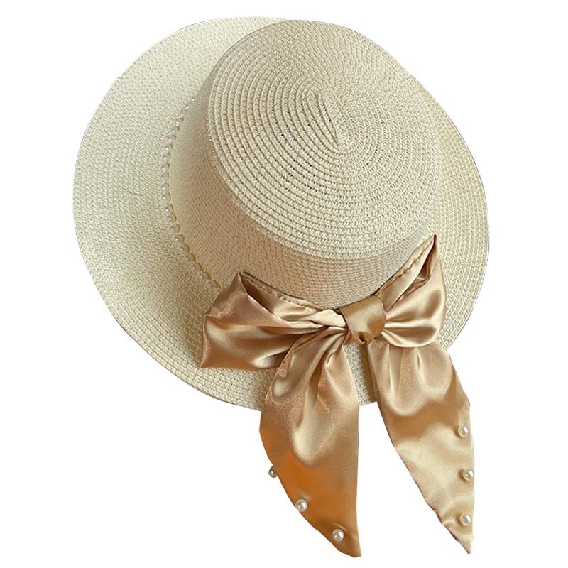 Summer Elegant Ribbon Bow Pearl Grass Hat Women's Seaside Beach Outing Shading Versatile Top Hat Tide