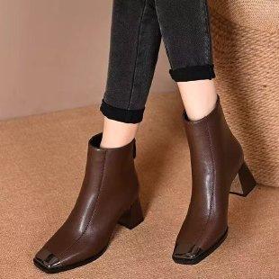 Square head British Martin boots women's versatile autumn and winter French retro high-heeled short boots thick heel new French retro
