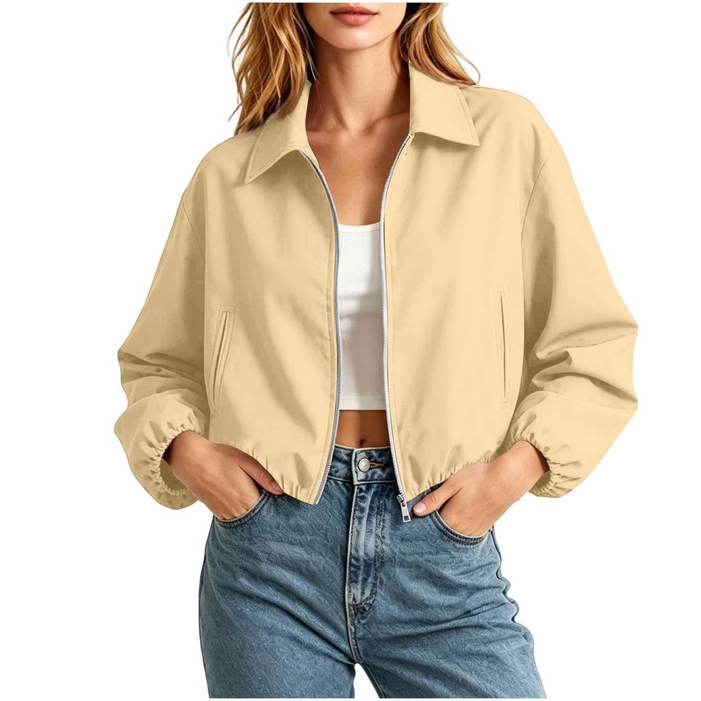 Women's Fashion Short Loose Fit Puffy Zipper Long Sleeve Jacket Outerwear