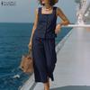 ZANZEA Women Sleeveless Vest Tops and Cropped Pants Summer Two Piece Suit Sets