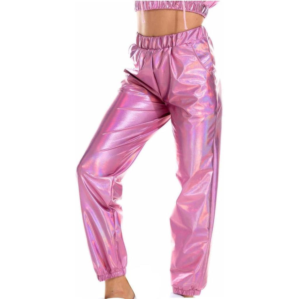 Glänzende, holografische, dehnbare, metallische Jogginghose für Damen, hohe Taille, Sweatpant, Hip-Hop-Club, Rave-Hose