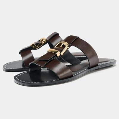 Fashion Metal Buckle Decoration Flat Sandal Women Unique Double Narrow Band Design Flats Summer Sexy Open Toe Holiday Beach Shoe