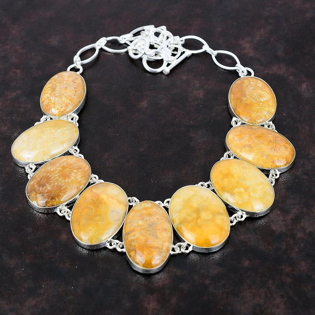 Fossile Koralle Halskette Edelstein handgemachter Schmuck 925 Sterling Silber Halskette verstellbare Kette Halskette Geschenk für Braut Heilstein Schmuck