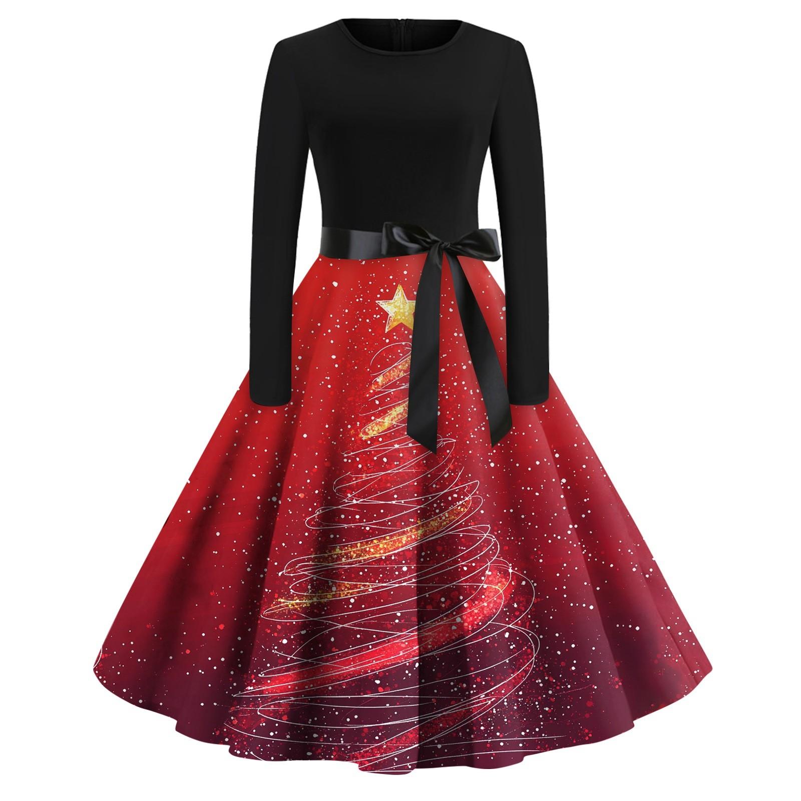 

Женская мода с круглым вырезом, повседневные тонкие рождественские платья с длинным рукавом и принтом XXXL киноварь