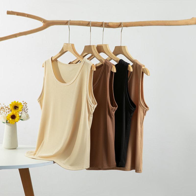 Women's Plus Size Ice Silk Ribbed Sleeveless Tank Top with Wide Shoulders, Round Neck, Ideal for Summer Outerwear or Innerwear.