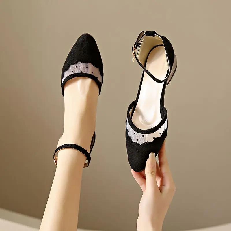 Fashion Cute Shoes for Women Office Woman Footwear Black Pointed Toe Square Heels Low Heel Elegant Kawaii Luxury Brand Korean Style Chic