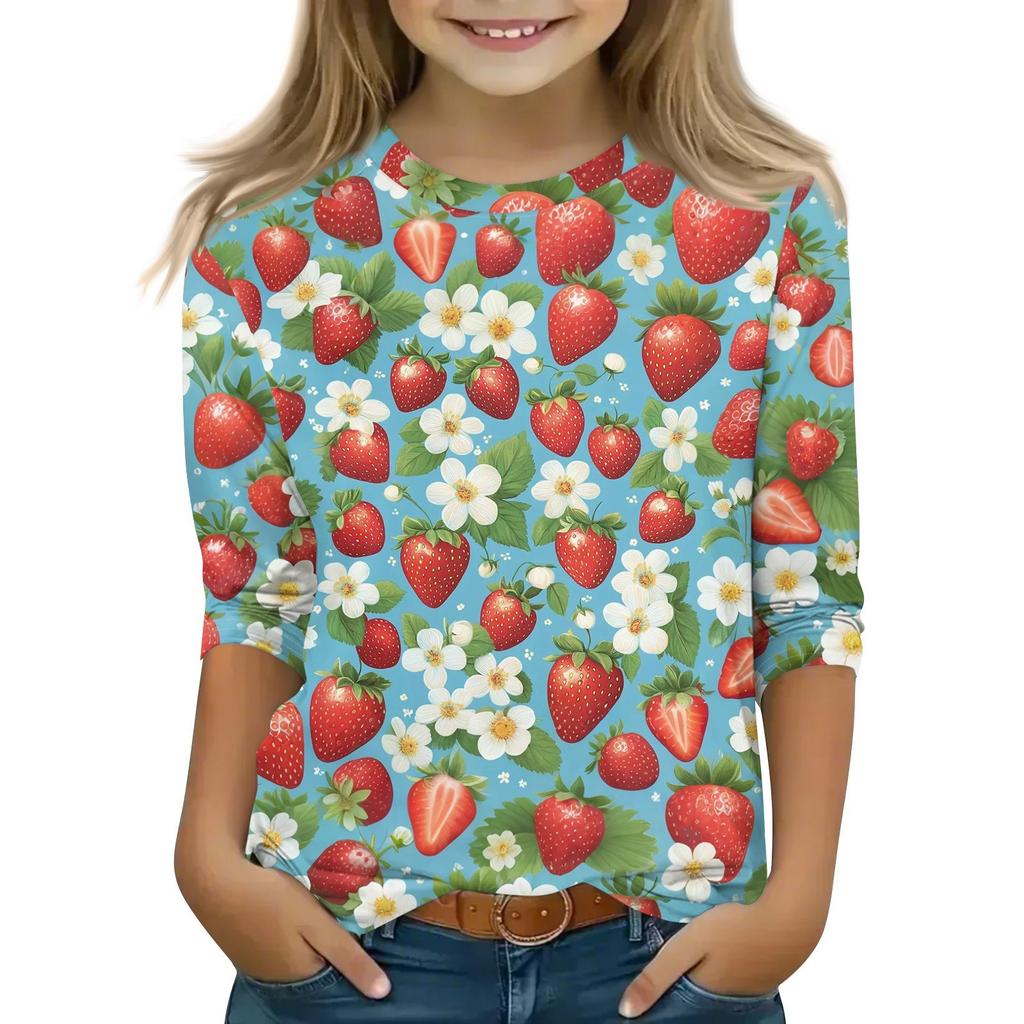 Tops à manches 3/4 pour enfants T-shirt imprimé décontracté Col rond Pull Blouse