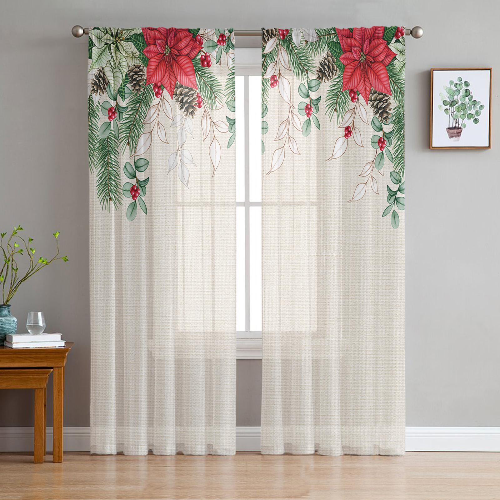 

Різдво Зима Ялинка Ягоди евкаліпта Прозорі штори Вітальня Спальня Кухня Прикраси Вуалі Органза Тюль Штора 135W x 244H(cm)x2