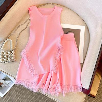 Camisole en tricot à pompons rose de style français et short large taille haute pour femme