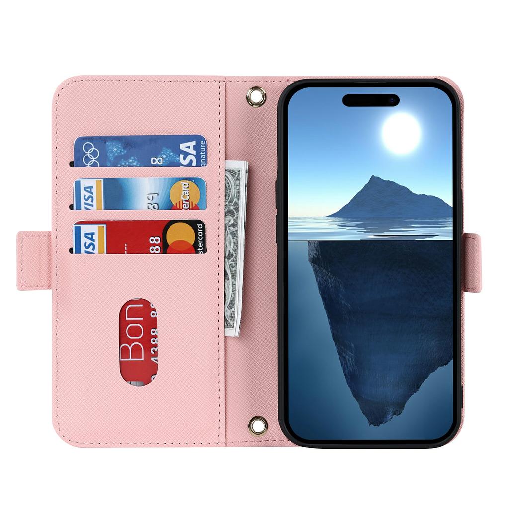 For iPhone 16 Stand Case Cross Texture PU Leather Wallet Phone Cover with Shoulder Strap/Makeup Mirror