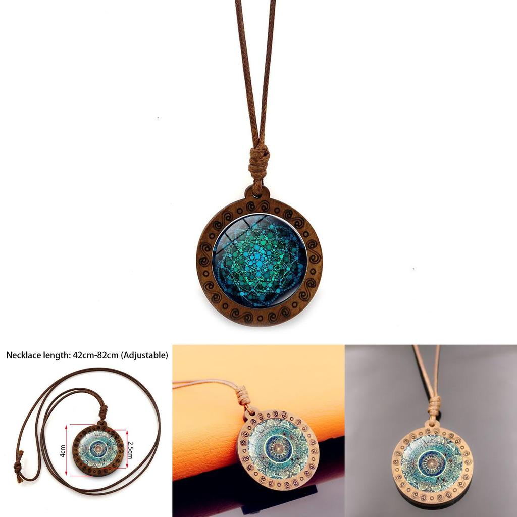 Elegant Glass Pendant Necklace With Geometric Design Vintage Brown Wax Rope Jewelry For Women And Men