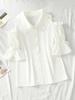 Versatile Ruffle Doll Collar Blouse - Women's Short-Sleeve, Pleated, Loose Fit, Solid Color