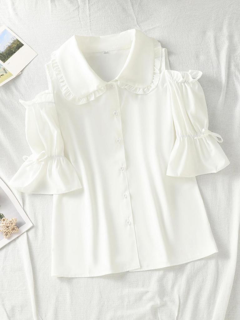 Versatile Ruffle Doll Collar Blouse - Women's Short-Sleeve, Pleated, Loose Fit, Solid Color