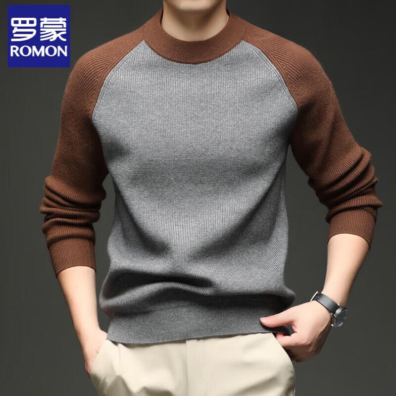 Romon Men's Wool Blend Color Block Round Neck Sweater