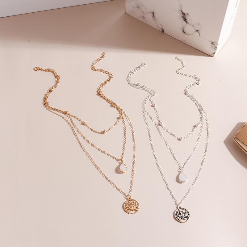Gold Silber Farbe Buddhismus Lotusblume Halsketten für Frauen Weißer Kristall Anhänger Mehrschichtige Kette Halskette Schmuck Zubehör
