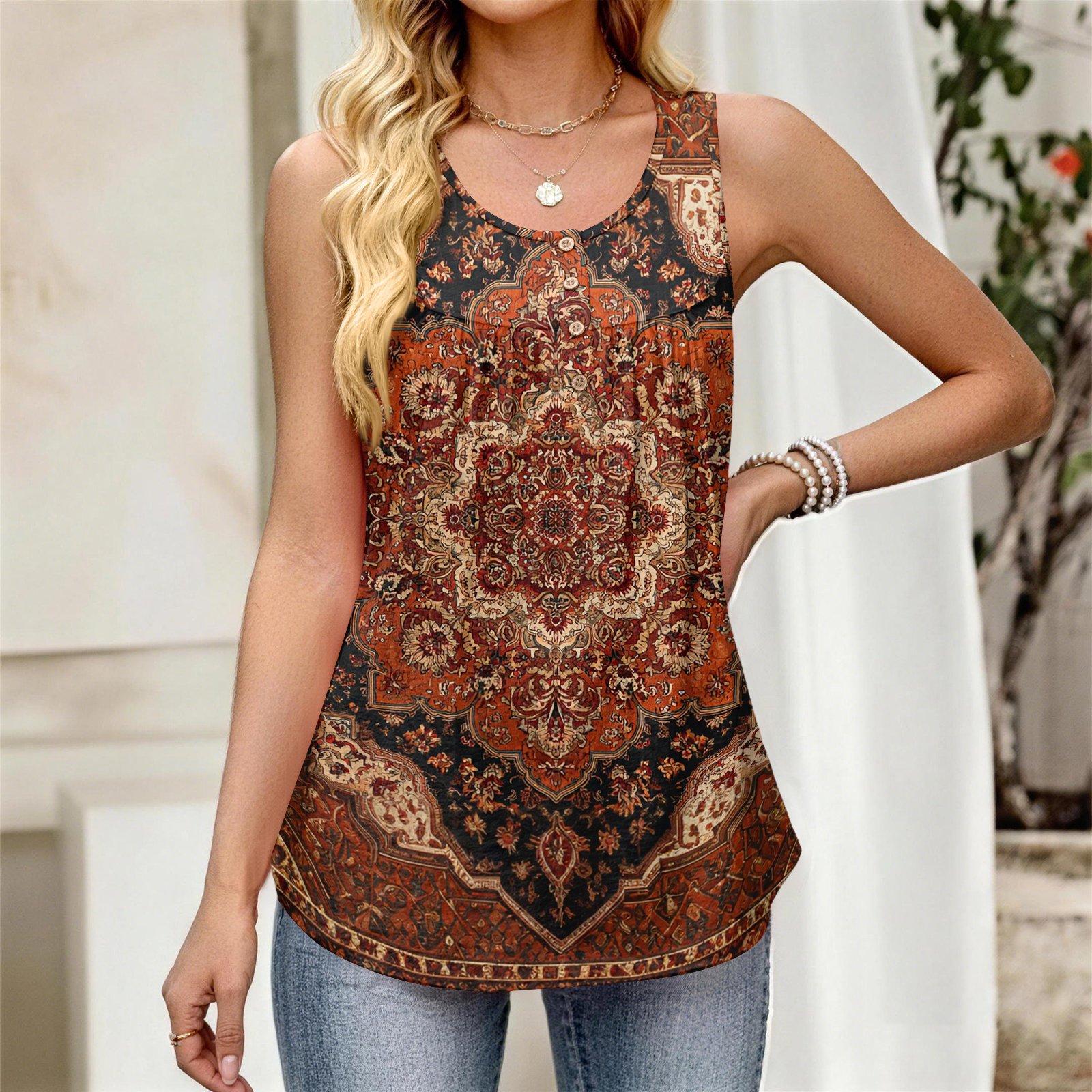 

Women s New Fashion Retro Floral Striped Textured Print Round Neck Loose Casual Button-Down Sleeveless Vest Top XL небо синє кольору