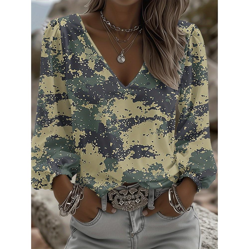 Retro ethnic V-neck women's long-sleeved top, lantern sleeve blouse, suitable for ranch party outfits and daily western clothing.