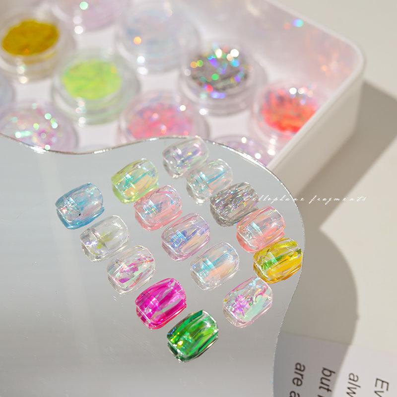 1Box Irregular Laser Glass Paper Aurora Nail Sequinscutting-Free Long Colorful Nail Stickers Diy Fingernail Decoration